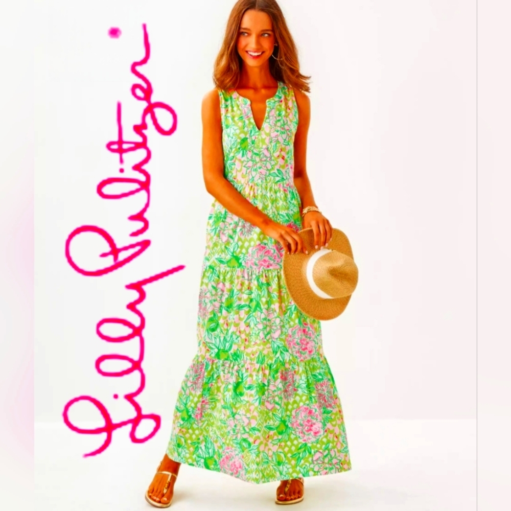 Lilly Pulitzer Green Floral Tiered Maxi Dress with Pink and White Blooms